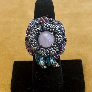 Rose Quartz Marcasite CZ Silver Flower Ring
